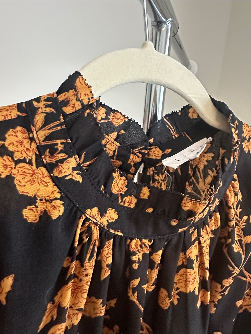 THML Black Blouse with Mustard Floral Print and Ruffled Neck - Picture 3 of 7